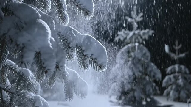 Snowflakes gently falling on frosted evergreen trees in a serene winter forest scene viewed from a close-up perspective