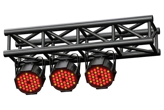 Stage lighting truss with three red LED PAR cans on transparent background for concerts, events, and theater production