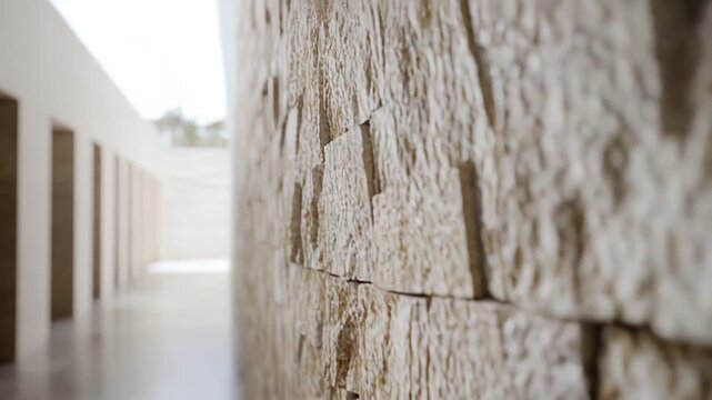 Textured stone wall cladding creates a modern architectural design, forming a bright, empty hallway with a sense of perspective and contemporary minimalism