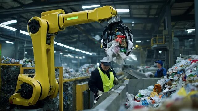 Medium shot of a versatile waste sorting robot adapting to different waste types and shapes showcasing realtime adjustments and precision handling.