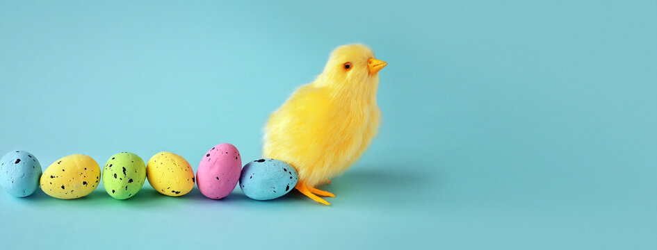 Easter decoration of a yellow chick with a row of colorful painted Easter eggs.