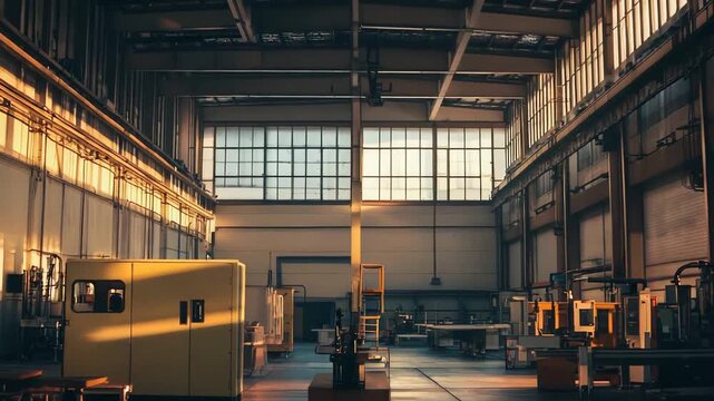 Spacious factory warehouse interior with various manufacturing machinery, receiving warm golden light from large windows during an early morning or late afternoon golden hour