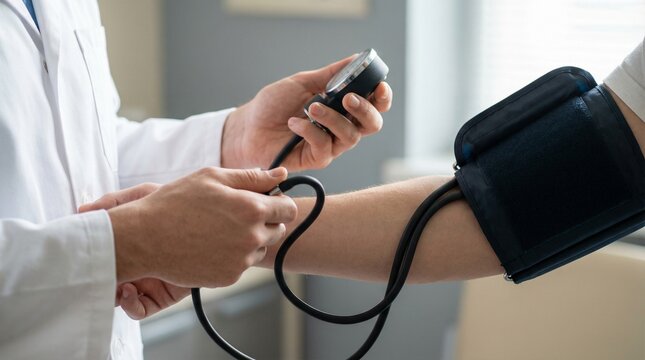 Doctor checking blood pressure with stethoscope