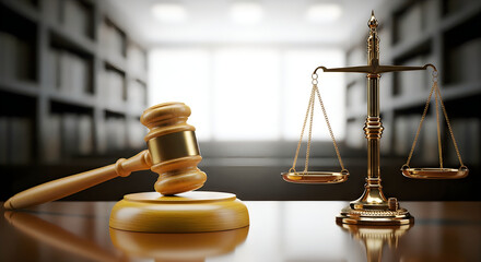 Gavel and Scales of Justice in Blurred Courtroom Background