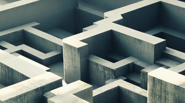 Concrete blocks forming an intricate labyrinth structure, illustrating concepts of complexity, puzzle solving, challenge, and problem finding in a modern geometric design