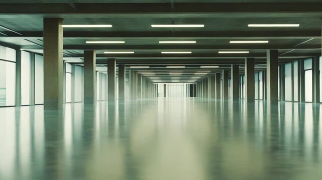 Spanning an expansive empty floor, a contemporary office interior features numerous concrete pillars, reflective surfaces, and long fluorescent light fixtures creating a vast open space
