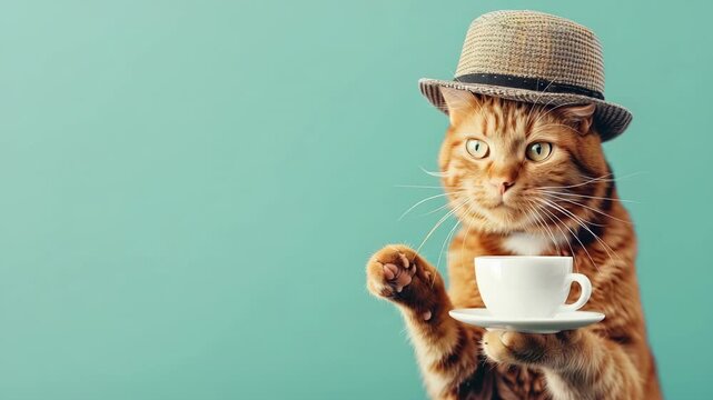 A sophisticated cat holds a teacup, ready to enjoy a genteel tea break