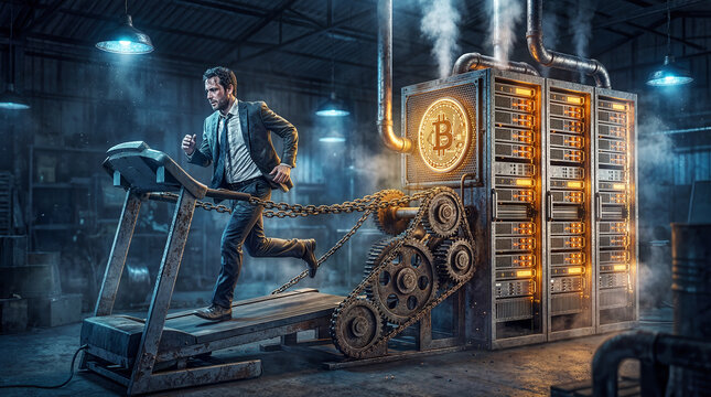 Man running on treadmill while chained to bitcoin mining machine. Dimly lit industrial setting with smoke and machinery. Concept of technology, finance, fitness