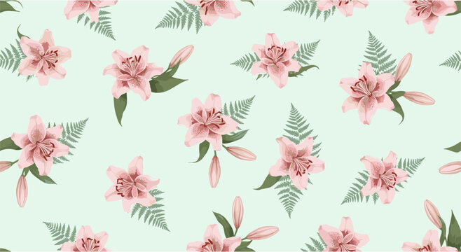 Seamless floral pattern with pink lilies and fern leaves on mint green background