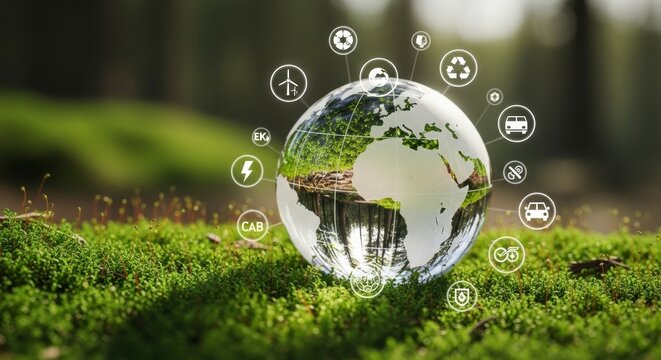 A glass globe reflecting a lush green forest, symbolizing global ecology and nature conservation efforts worldwide from a serene viewpoint