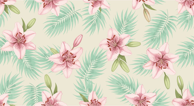 Seamless pattern of pink lilies with green palm leaves on light background