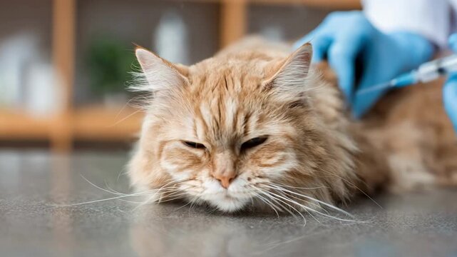 Closeup of a cat receiving a microchip injection at a calm indoor veterinary clinic highlighting compassionate pet care and technology.