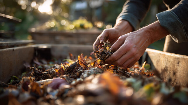Hands layering vegetable scraps and brown leaves into backyard compost bin beside garden beds, close-up shot, golden hour light, lifestyle photography, composting, worm farm