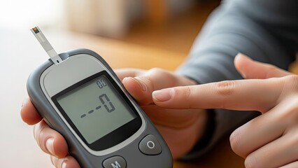 Person checking blood glucose level with digital glucometer at home