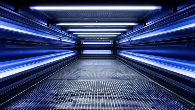 Medium shot capturing the sleek interior of a UVC disinfection chamber with visible germkilling light waves sanitizing everyday objects efficiently.