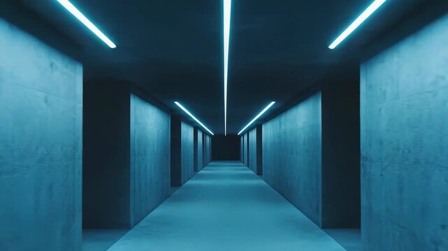Dark long tunnel stretching into the distance with glowing blue neon light strips on the ceiling and walls creating a modern, abstract, and technological ambiance