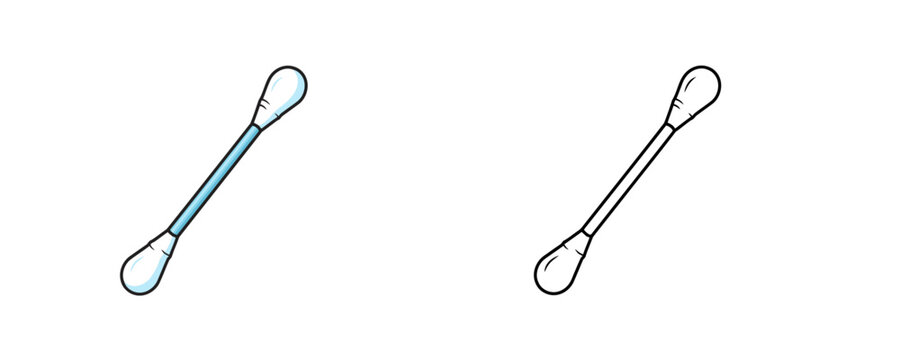 Cotton swabs in colored and black outline linear style featuring white tips and blue stick for personal hygiene or cosmetic use on white background