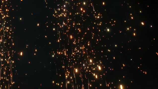 stunning 4K particle effect overlay designed for compositing footage features thousands of intense glowing fire embers and sparks raining down and floating gracefully over pure black background