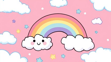 Fototapeta premium Cute kawaii rainbow and clouds on pink background.