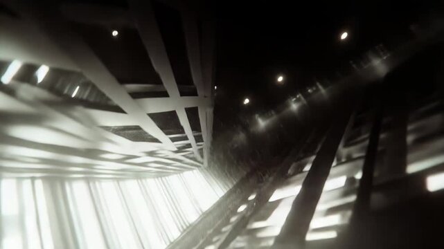 Abstract grid creating a complex geometric pattern with light and shadows, forming an intricate tunnel of perspective and depth, symbolizing complex data or spatial dimensions