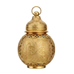 A luxurious gold christmas ornament with intricate details and a textured surface.