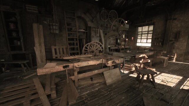 An old carpentry workshop filled with rustic tools and wooden furniture. Sunlight filters through the windows, illuminating the worn surfaces and showcasing the craftsmanship of a bygone era.