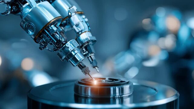 Medium shot of a robotic arm precisely aligning a gasket onto a metal surface in a hightech industrial setting.