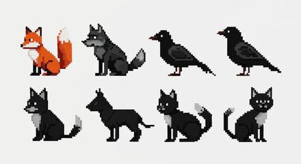 Pixelated animals illustration set fox wolf crows cats various poses