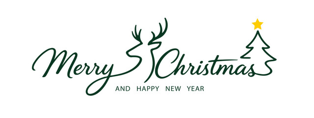 Merry Christmas and Happy New Year logo design with reindeer and star christmas tree, perfect for seasonal branding, corporate greeting cards, festive packaging, and social media marketing. © AFRAN STUDIO