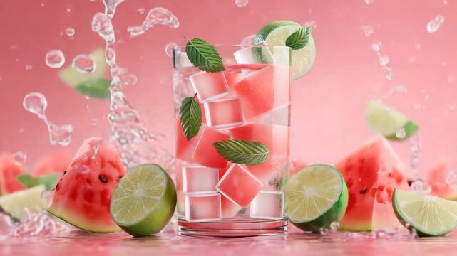 Refreshing watermelon drink splash with lime. Ice cubes float in glass. Colorful summer beverage creates vibrant atmosphere. Perfect for summer parties and leisure.