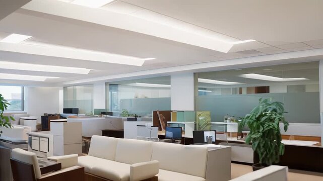 Open plan corporate office interior providing a professional and quiet environment, featuring structured desks, comfortable lounge areas, and natural light creating a productive atmosphere