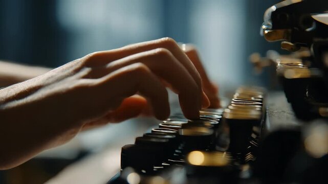 Medium shot of a manual stenotype machine with fingers poised on keys during a live transcription session in a quiet office setting.