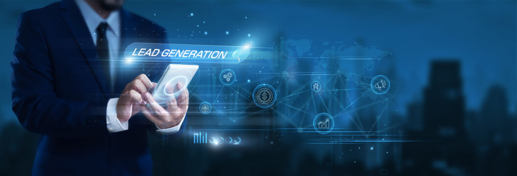 Businessman using smartphone to find and analyze lead generation data, digital marketing funnels, customer acquisition strategy, sales pipeline analytics, business growth