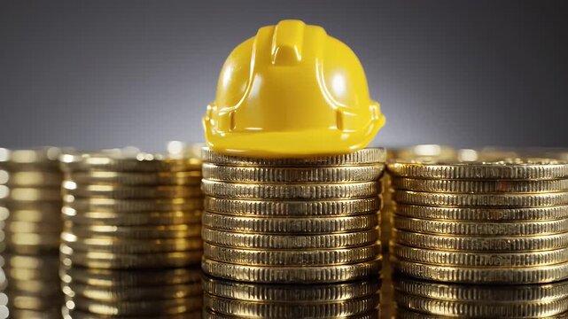 Golden Coins Stacked In Rows With A Yellow Hard Hat On Top In A Studio Lighting Setup