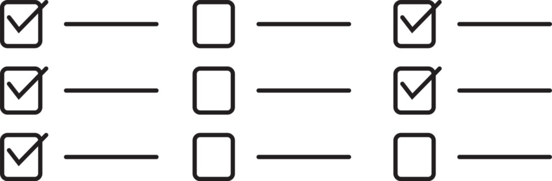 Minimal checklist icon set with checked and unchecked boxes. Simple black line style vector isolated on white background. Suitable for task management, to do list, productivity and UI design.