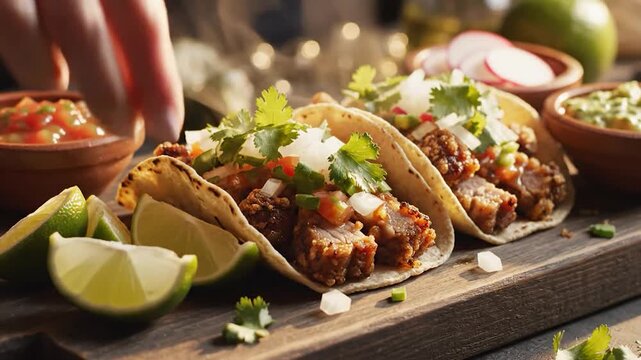 Delicious tacos with various toppings and sides on a wooden table