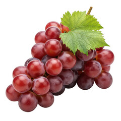 A fresh cluster of red grapes with a green leaf attached to the stem. isolated on transparent background