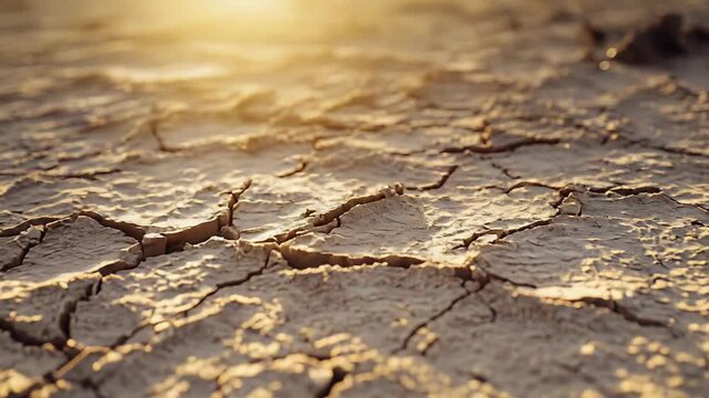 Cracked earth showing severe dryness and aridity under a warm sunbeam, representing the effects of drought and resource scarcity due to climate change