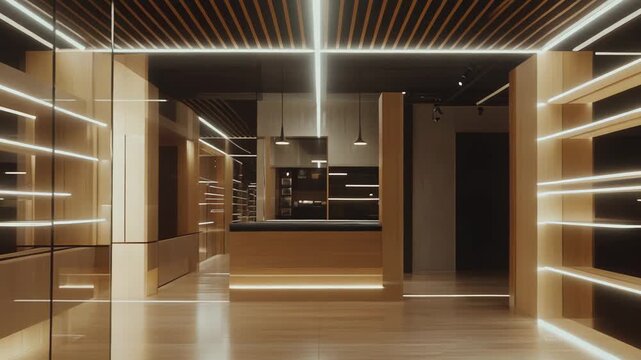 Modern luxury interior design featuring wooden slat ceiling panels, light wood flooring, and extensive glowing led strip lighting creating a sophisticated and minimalist atmosphere
