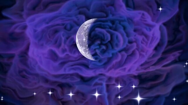 Crescent Moon Over Swirling Purple Rose, Cosmic Nebula Textures, Soft Glowing Stars And Magical Sparkles, Slow Parallax Motion For Dreamy Meditation And Romantic Intros, Cinematic Aesthetic Background