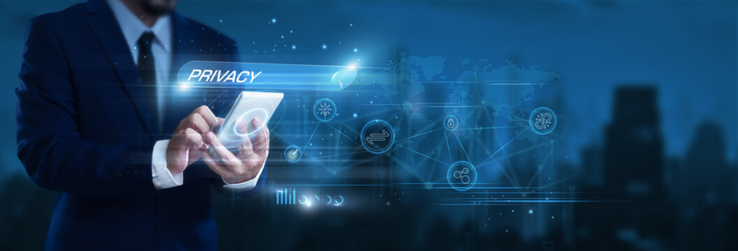 Businessman using smartphone to find and analyze privacy data, personal data protection, digital compliance, user consent management, information security