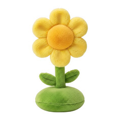 A small, fuzzy yellow flower toy with green stem and base, resembling a handmade craft. isolated on transparent background