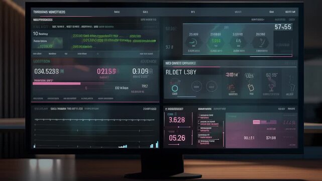 Modern computer monitor showing a dark mode analytics dashboard with charts, graphs and numeric readouts for finance, trading and business performance monitoring and reporting