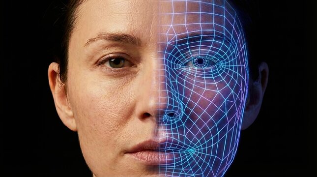 Close up of a woman's face with a digital 3D wireframe mesh overlay representing facial recognition technology and artificial intelligence biometric scanning
