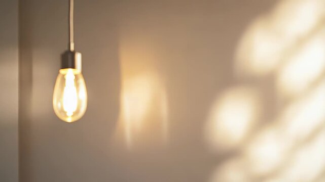 Hanging edison style light bulb illuminating a minimalist room with warm light, casting soft shadows creating an atmosphere of creativity and new ideas