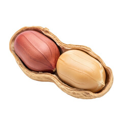 A peanut shell containing two peanuts, one red and one beige, on a white background. isolated on transparent background