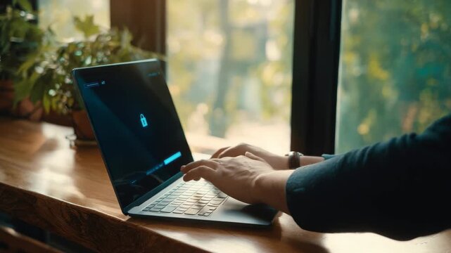 Medium shot of a professional setting up a secure VPN connection on a laptop for safe remote work and data protection.