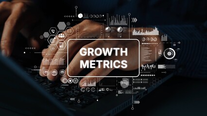 Naklejka premium Hands Typing on Laptop with Digital Growth Metrics Dashboard for Business Analysis and Performance Tracking. Asymptotic smart data analytic.