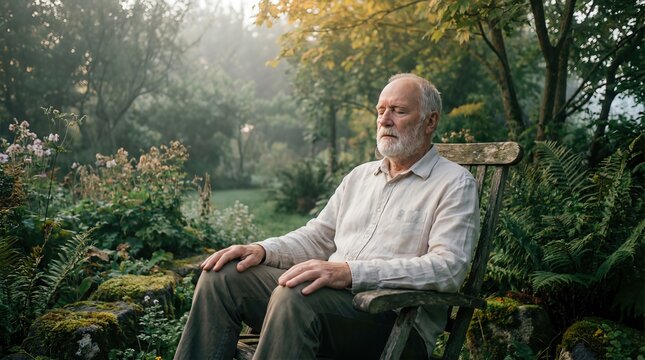 Peaceful senior man with eyes closed meditating in a lush green garden at sunrise, sitting on a rustic wooden chair for mindfulness and relaxation.