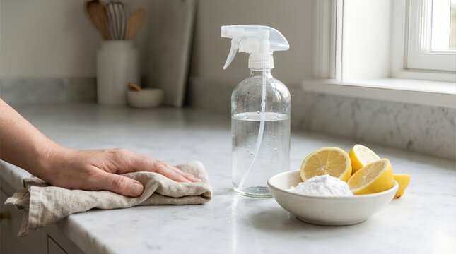 Woman cleaning white marble kitchen counter with natural ingredients like lemon and baking soda next to a spray bottle.